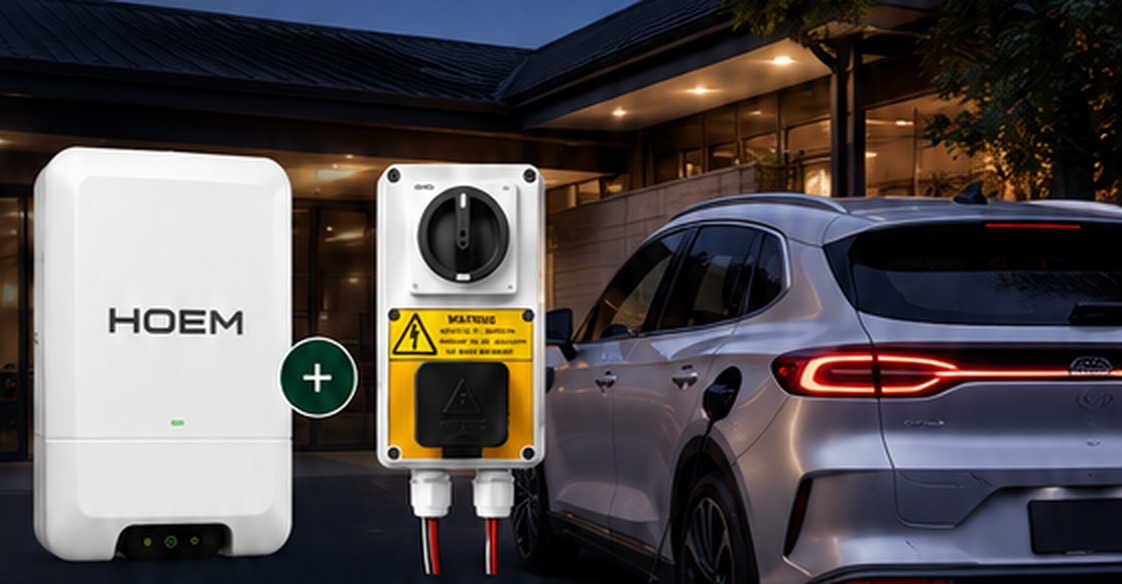 HOEM smart energy manager and the WattsUp V2X Isolation Switch beside an EV charging at a home at dusk