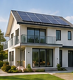 Modern home with rooftop solar panels